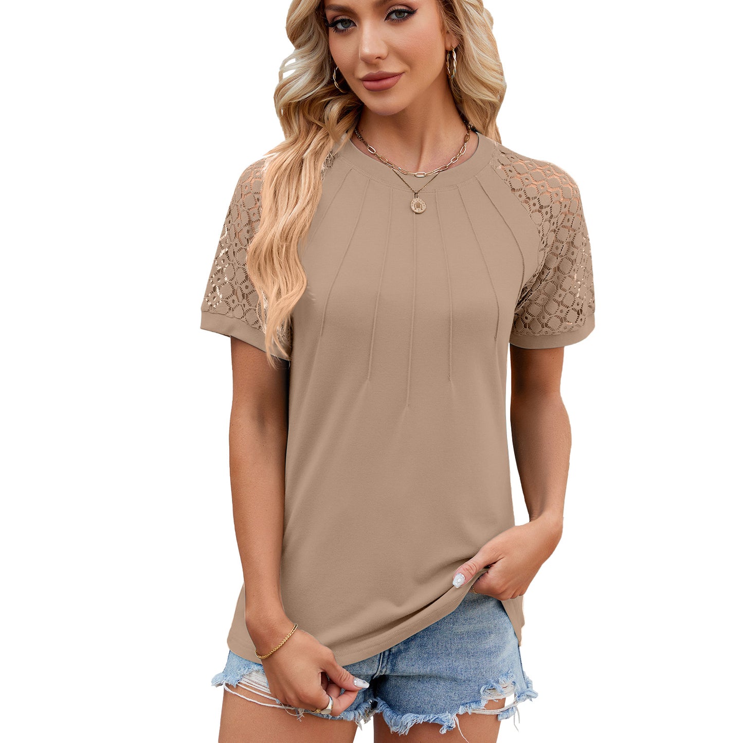 Summer Lady: Solid Color Round Neck Top with Lace Hollow Design - Women's Short Sleeve T-Shirt