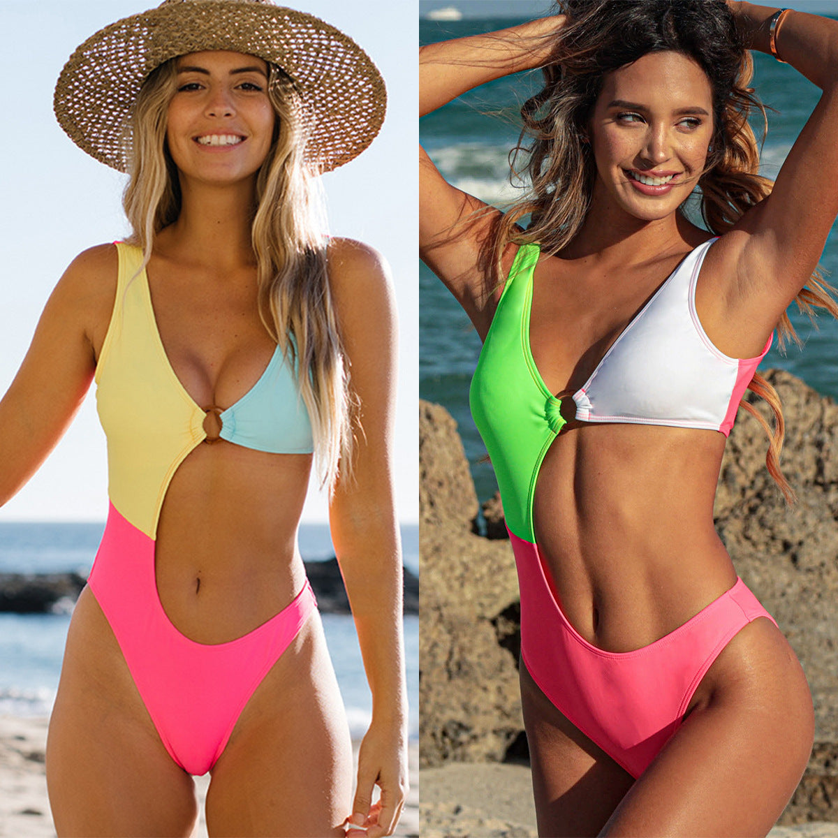 Fashion  Bikini One Piece Colorblock Swimsuit