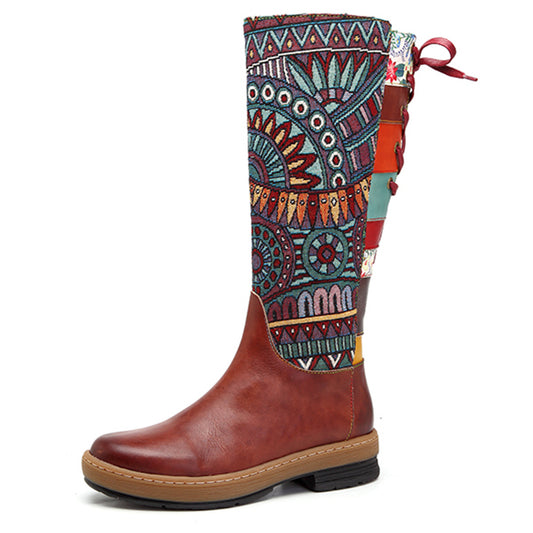 Vintage Mid-calf Boots Women Shoes Bohemian Retro Genuine Leather Motorcycle Boots Printed Side Zipper Back Lace Up Botas