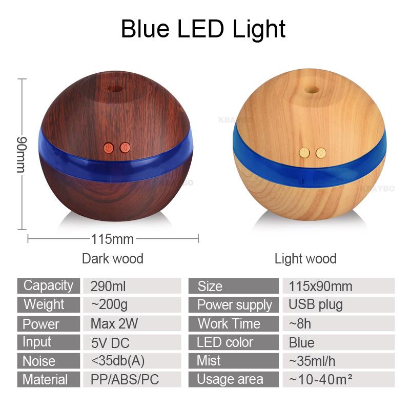 KBAYBO USB Ultrasonic Humidifier 290ml Aroma Diffuser Essential Oil Diffuser Aromatherapy Mist Maker with LED Light Wood grain