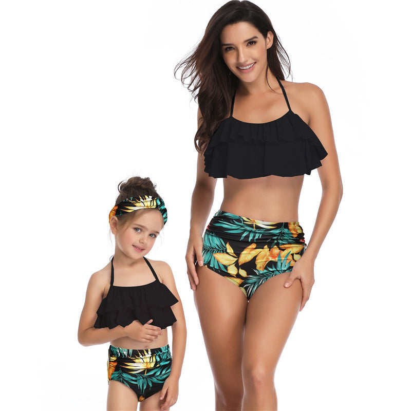 Parent-child Swimsuit Printed High Waist Bikini Ruffled Mother And Daughter Swimwear