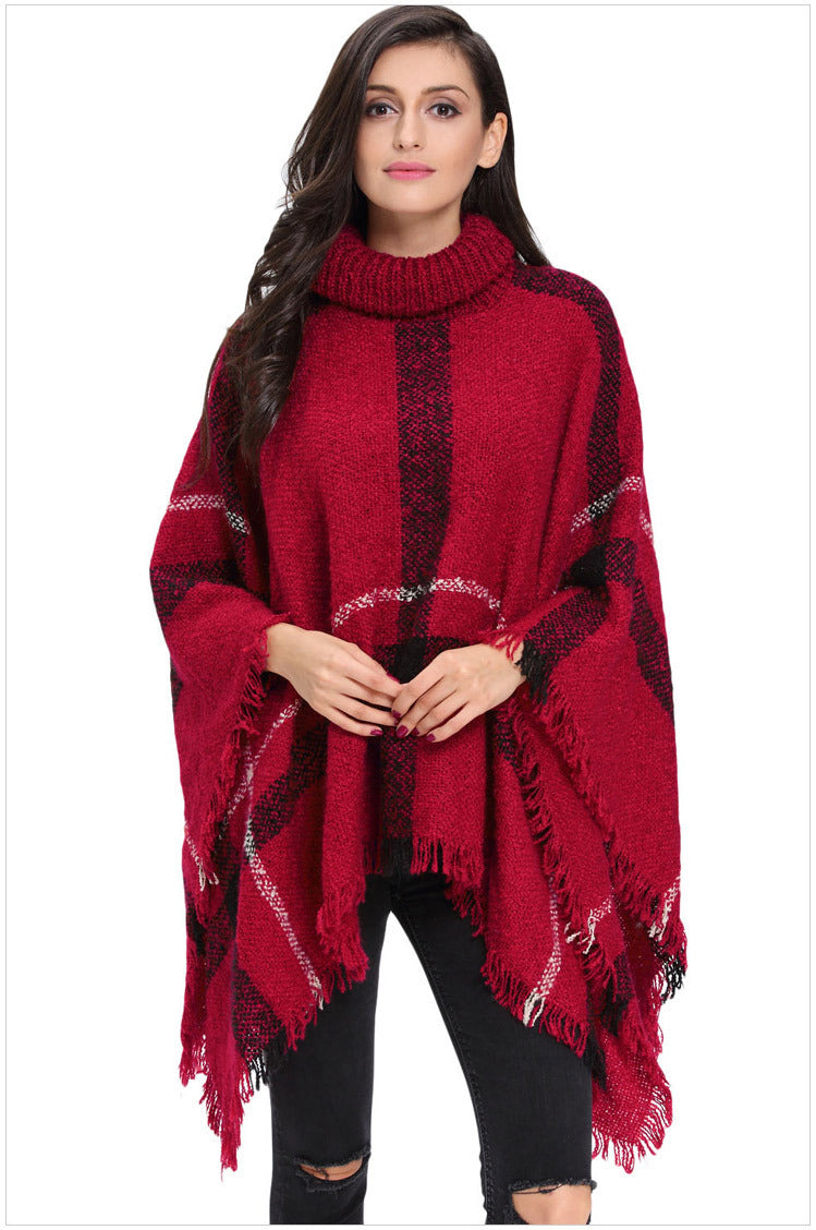 High collar fringed cloak shawl