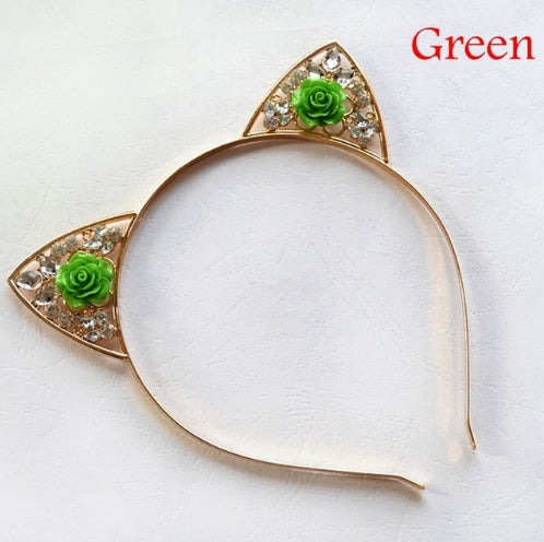 High Quality Cute Alloy Diamond Rose Cat Ears Headband Children Adult Headband