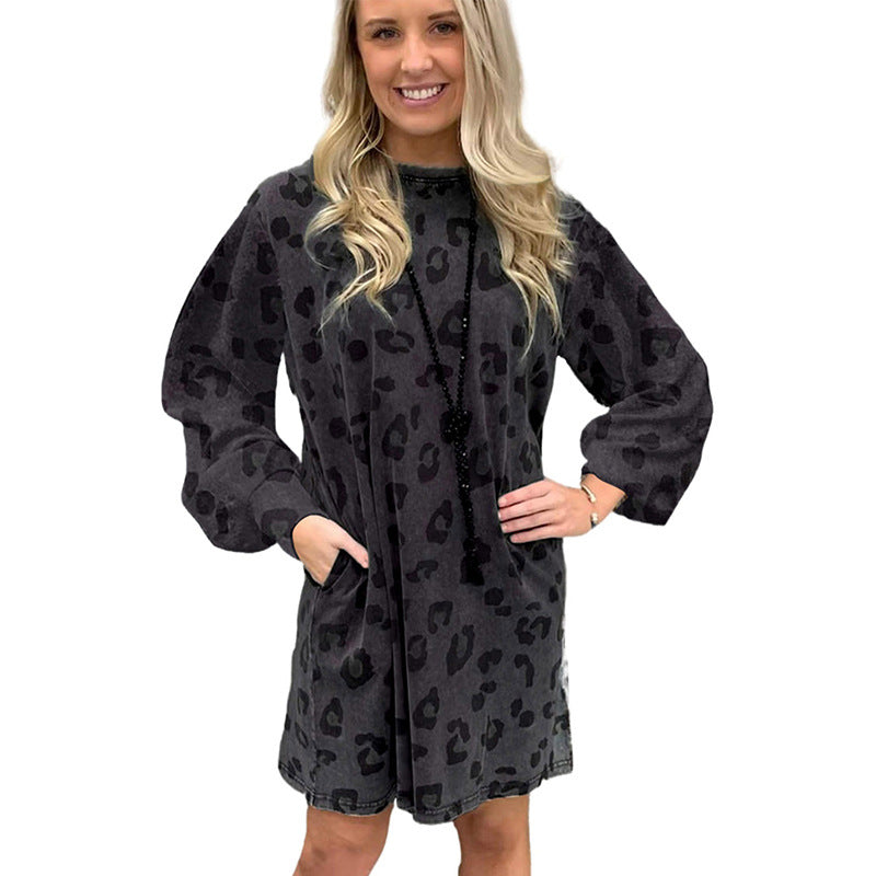 Women's Autumn Leopard Print Pocket Sweatshirt Dress