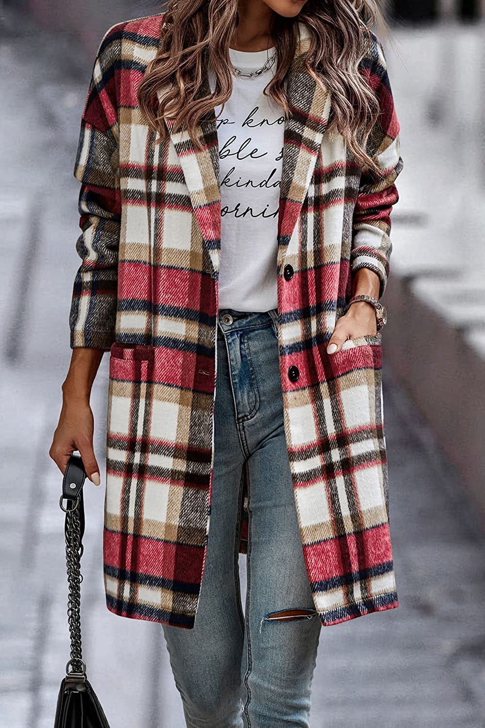 CheckeredElegance: Fashion plaid long jacket with pockets, autumn and winter new style turndown collar woolen coat for outdoor women's clothing.