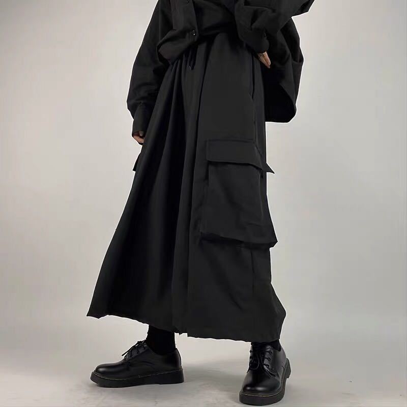 Black Japanese Wide-Leg Pants with Large Swing, Split Draping, Cropped Design, and Large Pockets