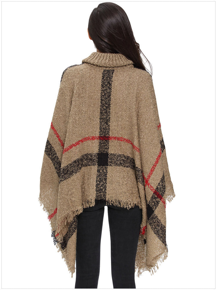 High collar fringed cloak shawl