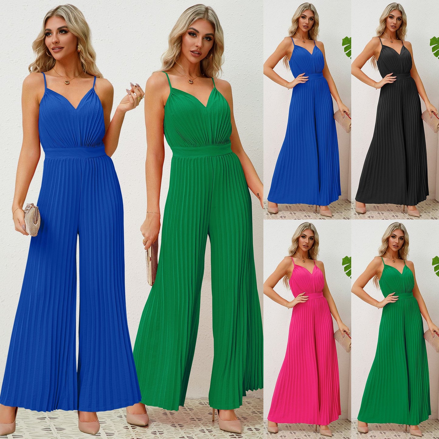 V-Ausschnitt Hosenträger Plissee Jumpsuit Volltonfarbe Lockere Gerade Hose Damenbekleidung