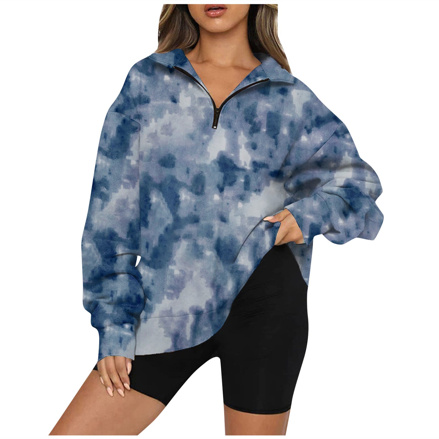 Tie-Dye Tempest: Sweatshirt mit Reißverschluss und Revers - Lockeres Langarmoberteil für Damen