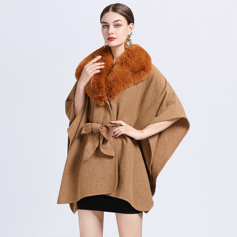 Faux Rex Rabbit Fur Collar Knit Shawl Cape