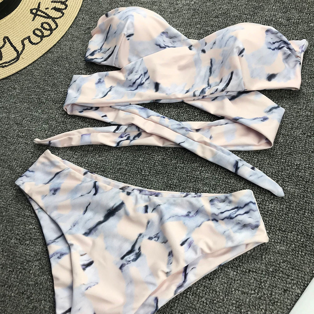 Sexy gathered bandage high waist ladies bikini split swimsuit