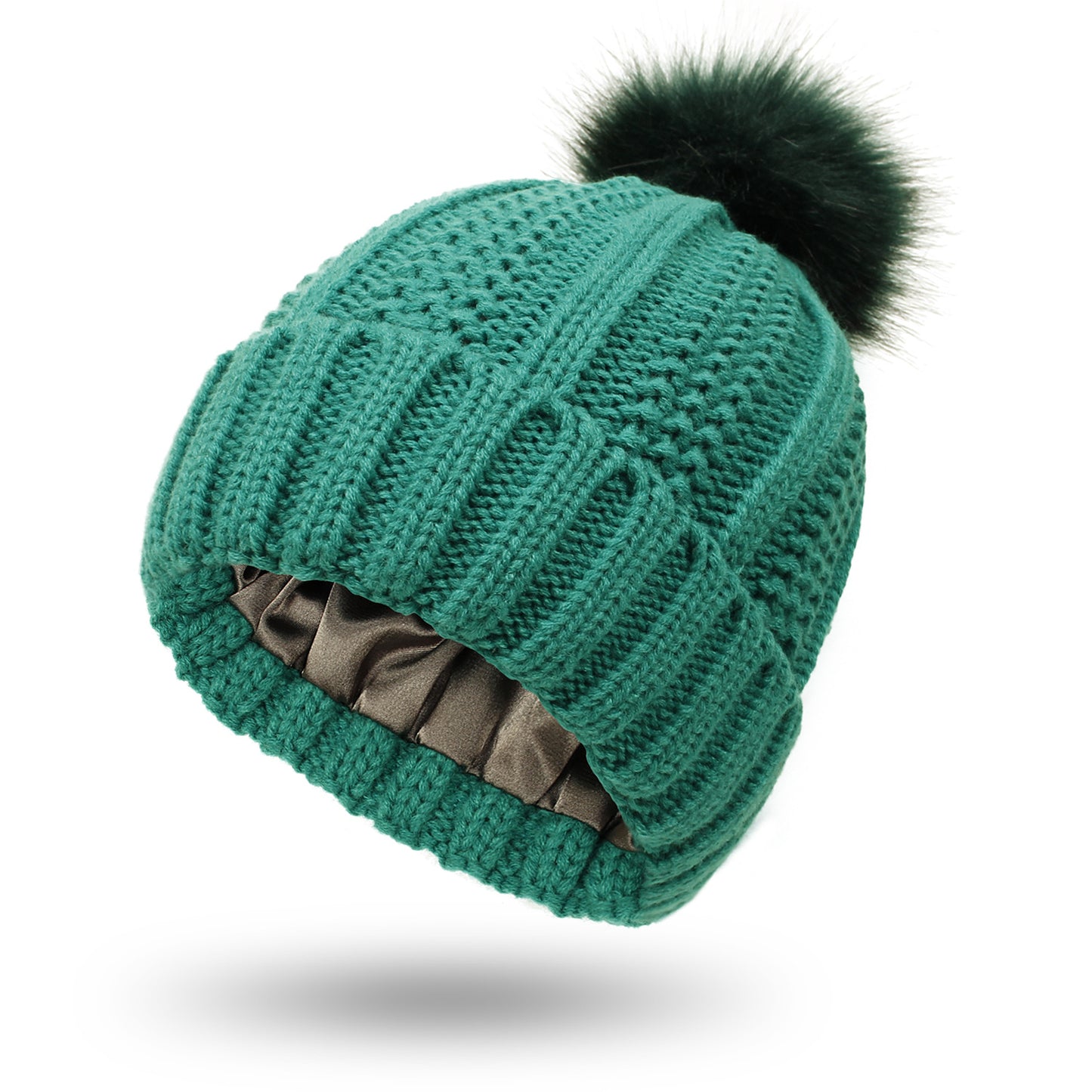 Moda rozciągliwa satynowa podszewka czaszki czapki robione na drutach czapka typu Beanie dla kobiet Faux futro czapka z pomponem czapka z pomponem zimowa utrzymuj ocieplenie czapka typu Beanie