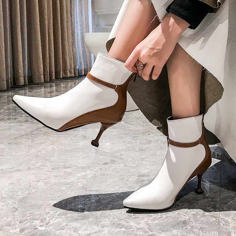 Stitching pointed short boots wine glass stiletto boots