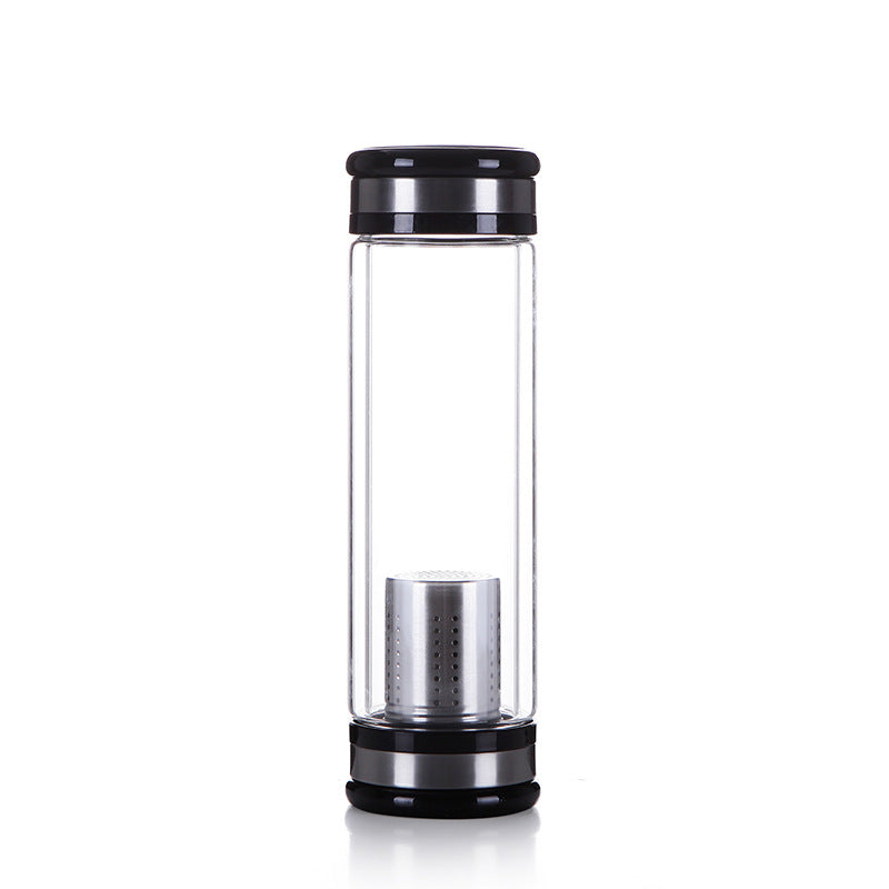 Teeflasche, Flaschenwasserflasche mit Tee-Ei und Filter, Edelstahl-Tee-Ei-Filter, doppelwandiges Glas, Sport-Wasserbecher