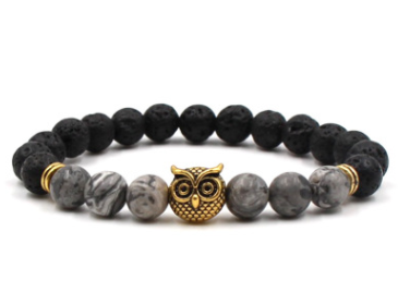 Foreign trade AliExpress best selling 8mm natural stone black lava volcanic stone bracelet gold alloy owl bracelet