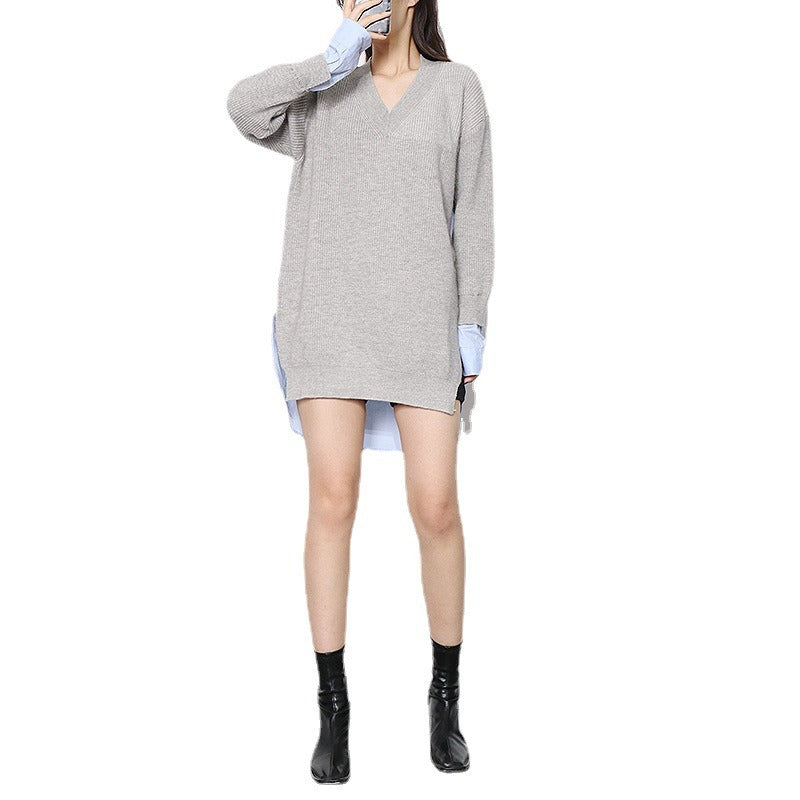 Patchwork Colorblock Sweater For Women V Neck Long Sleeve Loose Straight Knitting Pullover Female Fashion Clothing