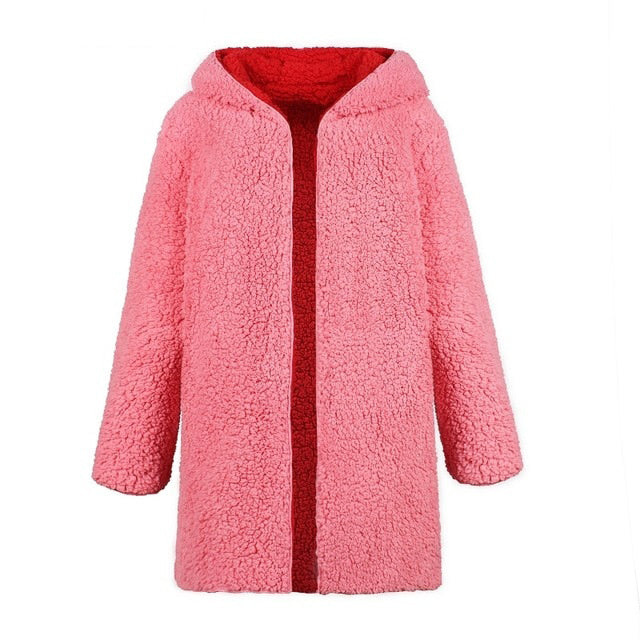 PinkPuff: Hooded teddy jacket, a pink fur coat for women. Plus-size lambswool long winter coat with hairy faux fur, offering a cozy and stylish overcoat option.