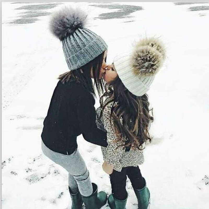 Parent-child Caps Cute Infant Baby Pompon Winter Hat Double Fur Ball Hat Mother Kids Warm Knitted Hat Newborn Beanie Cap