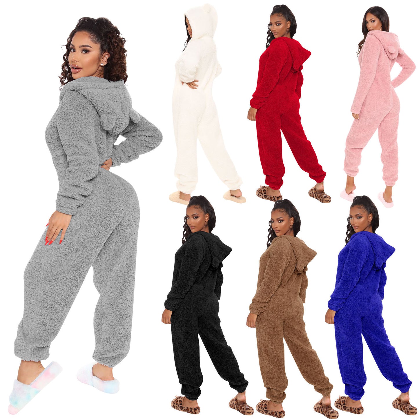 PlushChic: Women's one-piece pajamas for autumn and winter in soft plush fabric.