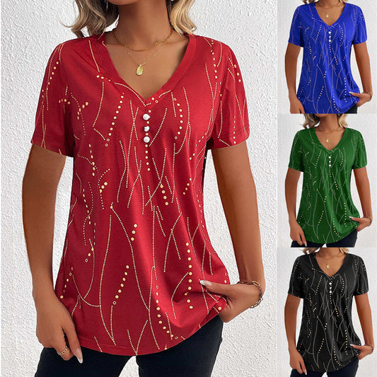 Summer Breeze: New V-neck Printed Button T-shirt - Fashionable Leisure Short-sleeved Top