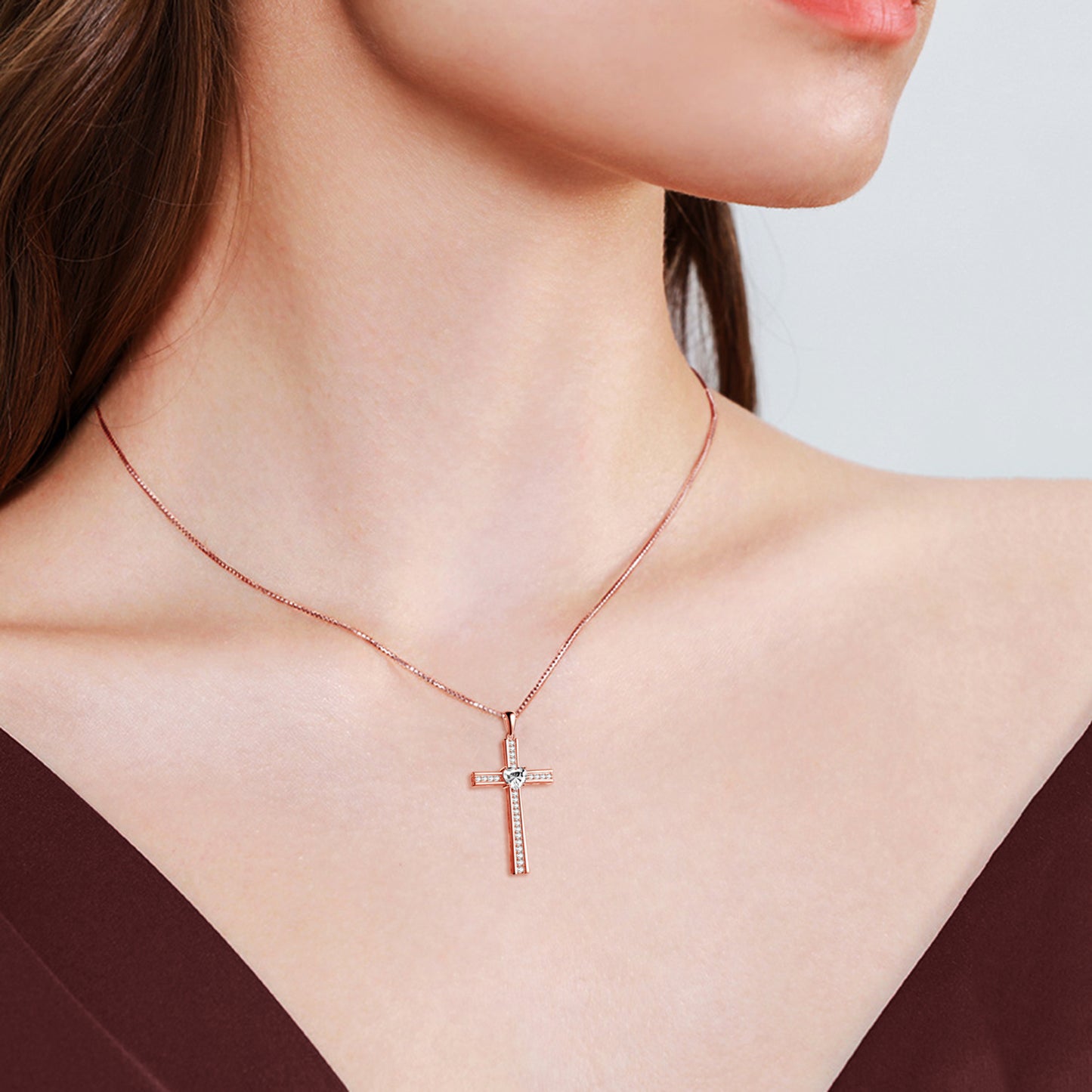 Halskette mit Kreuz und Geburtsstein, rosévergoldet, für Damen, Schmuck, Geschenke