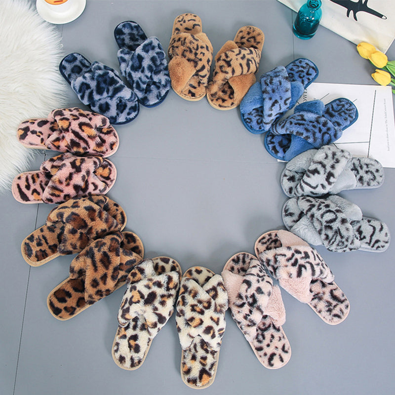 LeopardLuxe: Cross-strap fuzzy slippers with plush comfort, perfect for flat bedroom style and women's coziness.