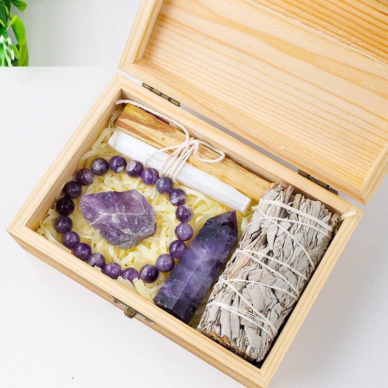 Natürlicher Kristall Amethyst Holzbox Set Geschenkbox