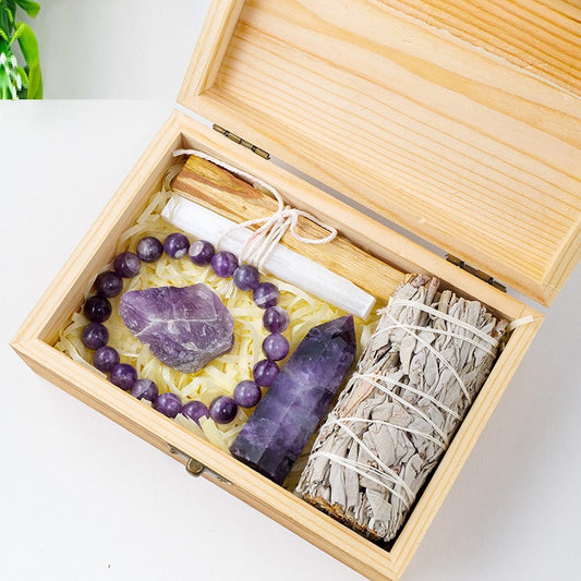 Natürlicher Kristall Amethyst Holzbox Set Geschenkbox