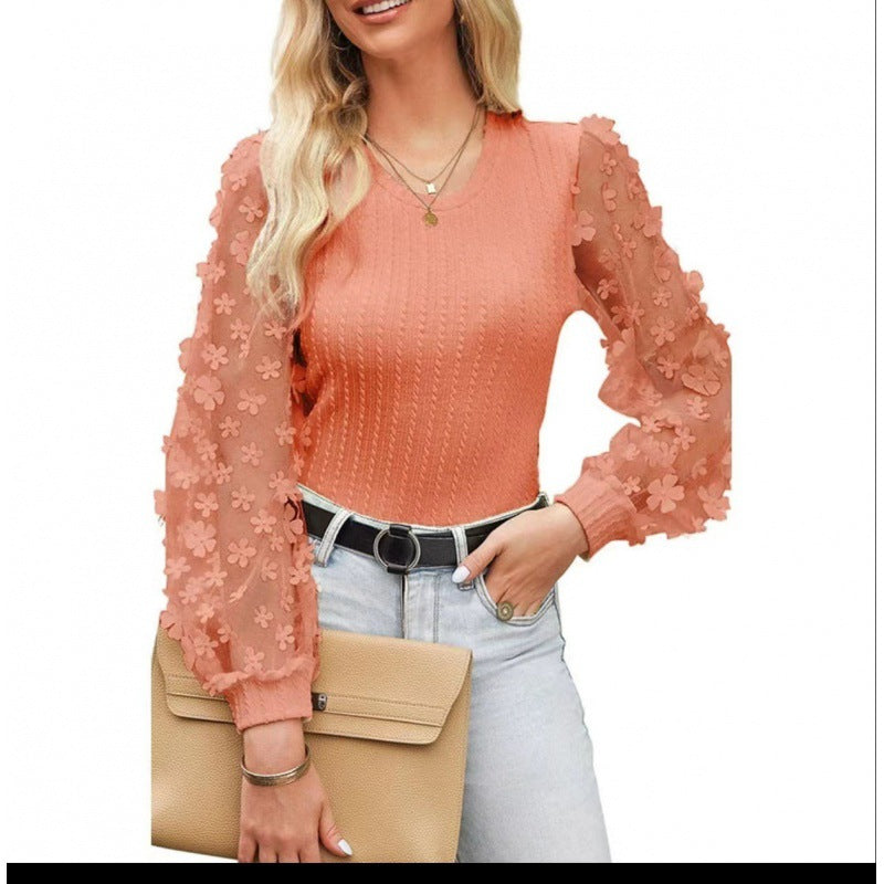 Damen Mesh Kleine Blume Chiffon Shirt Sommer Rundhals Langarm Top