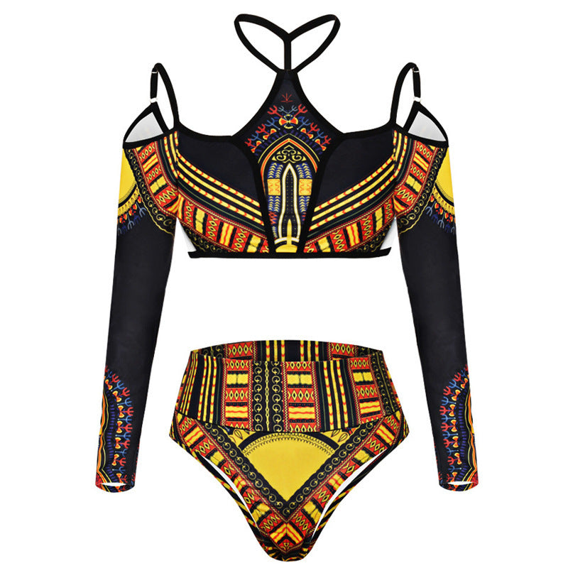 Women's Long Sleeve Printed High Waist Bikini Two Piece