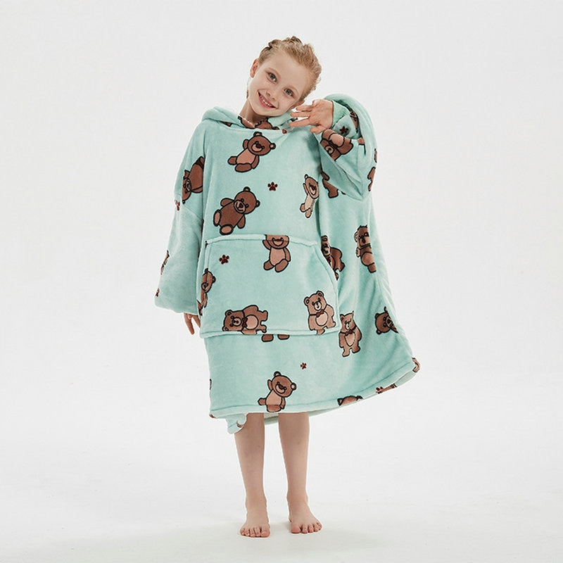 SnugletKids: Unisex winter warm double-layered Sherpa fleece hoodie blanket with TV pocket, perfect for snuggling with sleeves.