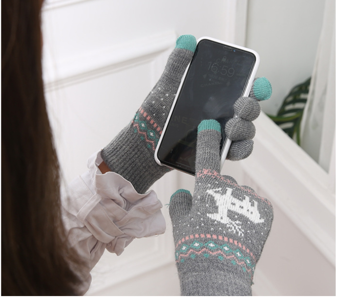 Damen-Strickhandschuhe mit süßem Tiermotiv, Hirsch und Schneeflocke, Vollfinger-Winterhandschuhe, Touchscreen-Handschuhe, schönes Weihnachtsgeschenk