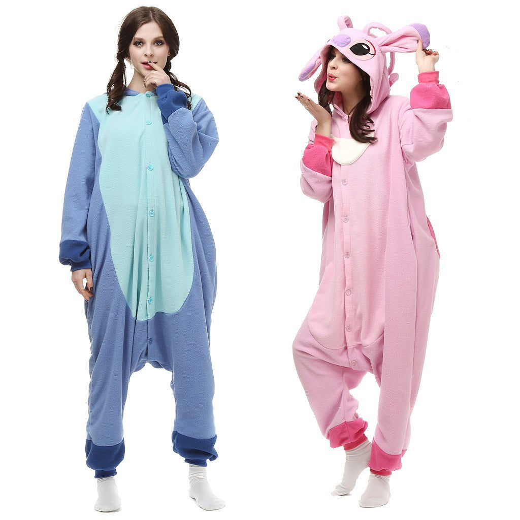 StitchDream: Blue and pink cartoon one-piece pajama for cozy nights.