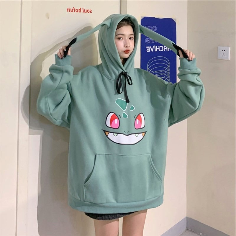 Pikachu Samt Fleece Pullover Studentinnen Japanischer Anime Mit Kappe Lange Abschnitt Kapuzenjacke