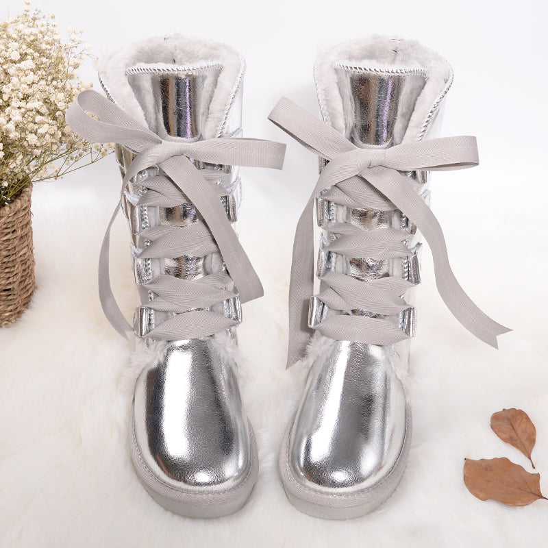 Leather high tube fur snow boots