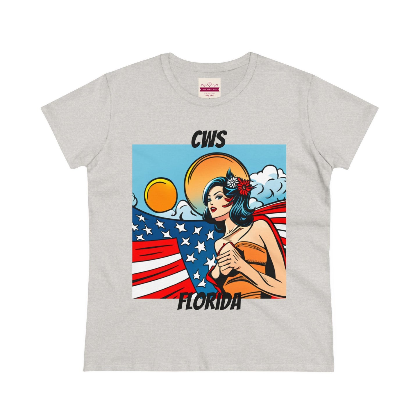 CWS Damen-T-Shirt aus mittelschwerer Baumwolle mit USA-Flagge von Cozy Winter Store (Versand nur innerhalb der USA)