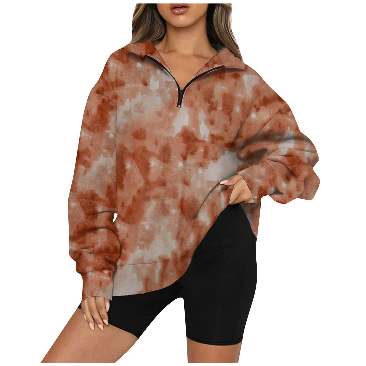 Tie-Dye Tempest: Zippered Lapels Sweatshirt - Women's Long Sleeve Loose Top