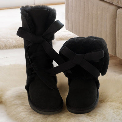 Leather high tube fur snow boots