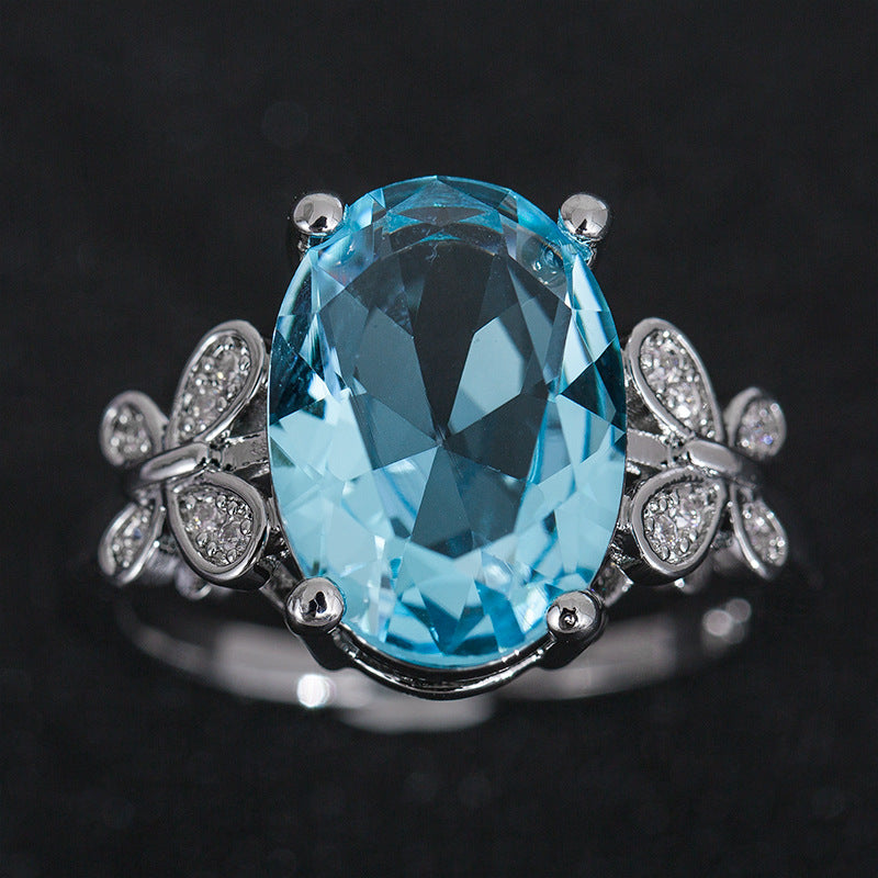 Oversized Sea Blue Zircon Ladies Ring Simple Bow Ring Ring