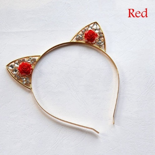 High Quality Cute Alloy Diamond Rose Cat Ears Headband Children Adult Headband