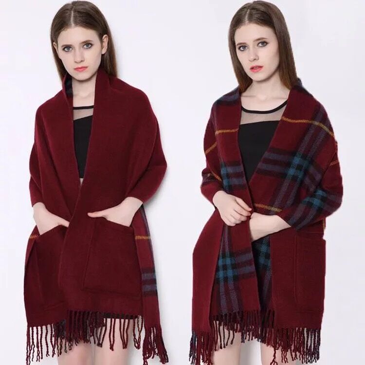 Pocket Scarf Cashmere Fringe Plaid Shawl