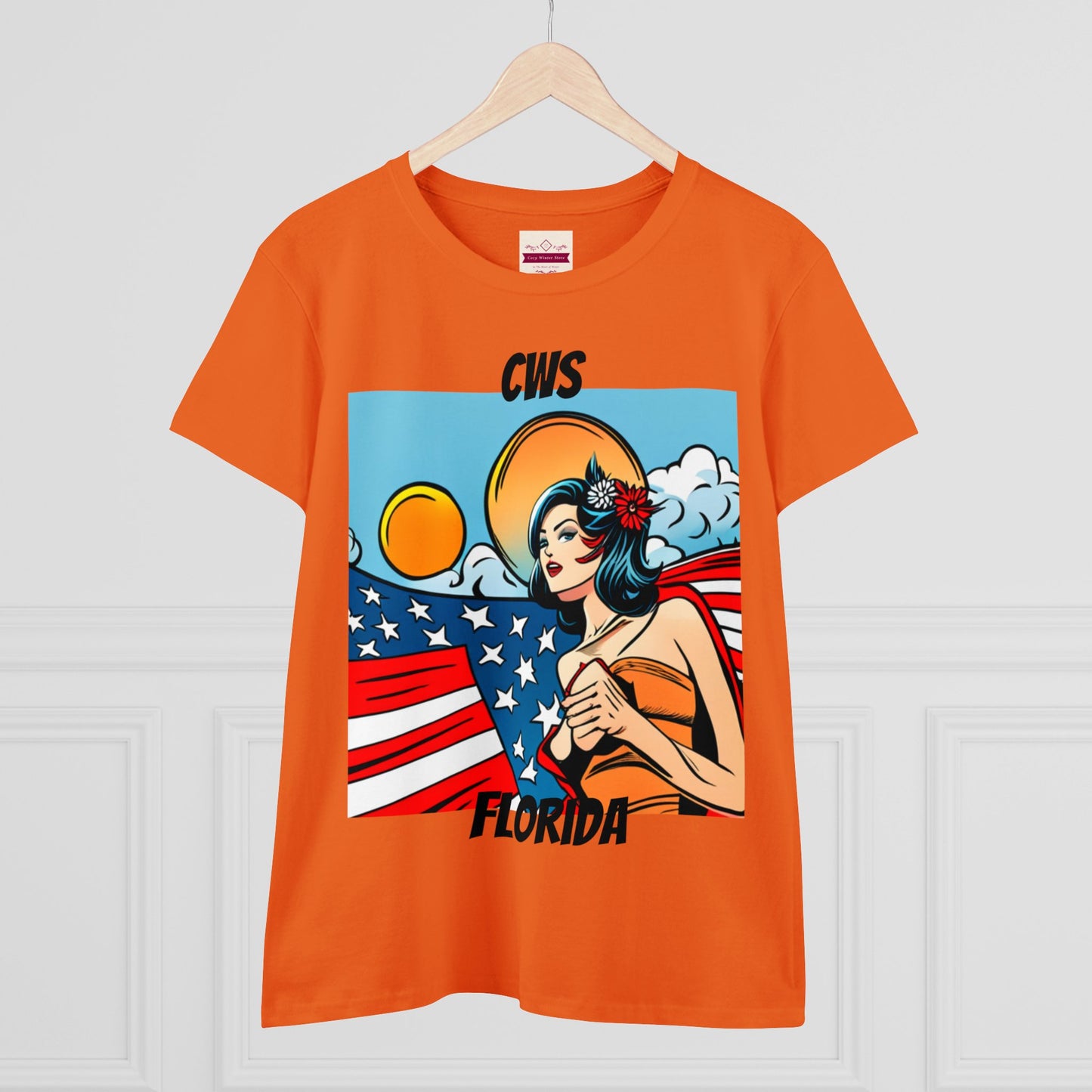 CWS Damen-T-Shirt aus mittelschwerer Baumwolle mit USA-Flagge von Cozy Winter Store (Versand nur innerhalb der USA)