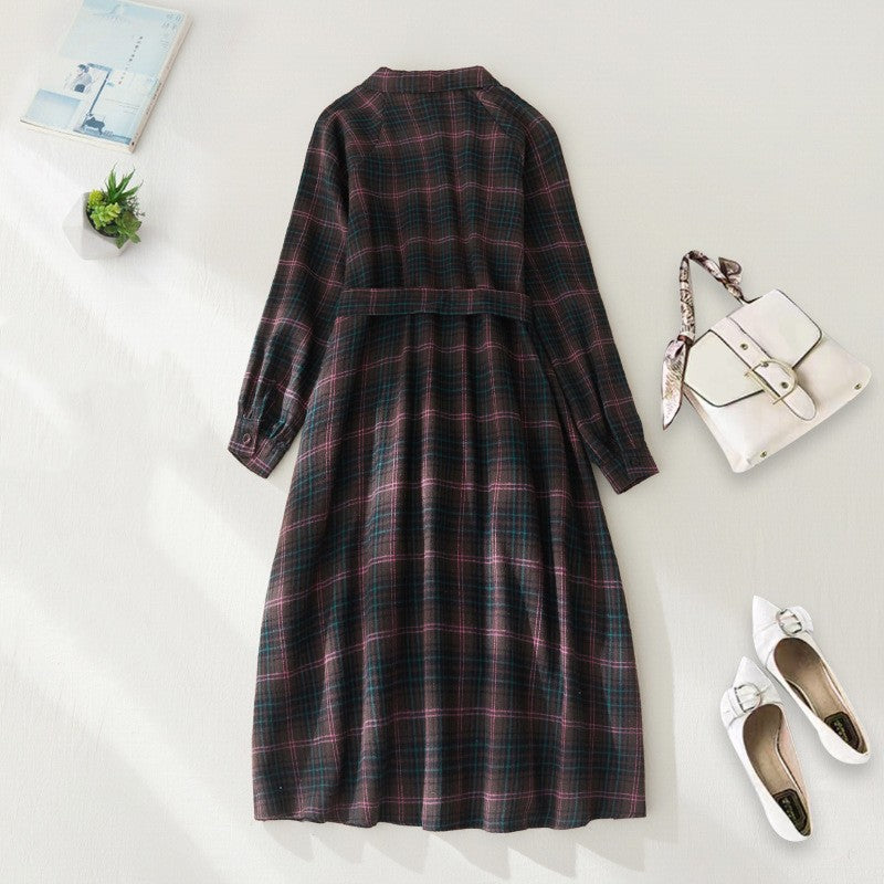 BritPlaid: British-style plaid lace-up waist slimming shirt coat, a retro dress for women with a touch of elegance.