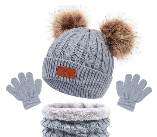 New Children's Hat, Scarf, Glove, Three Piece Set, Autumn and Winter New Warm Double Ball Baby Hat