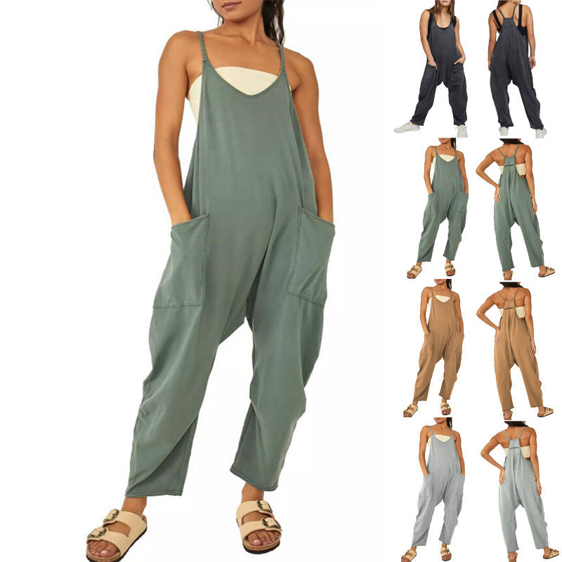 Sommer Damen Loose Sleeveless Jumpsuits Spaghetti Strap Lange Hose Romper Jumpsuit mit Taschen Reißverschluss