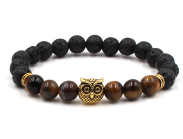 Foreign trade AliExpress best selling 8mm natural stone black lava volcanic stone bracelet gold alloy owl bracelet