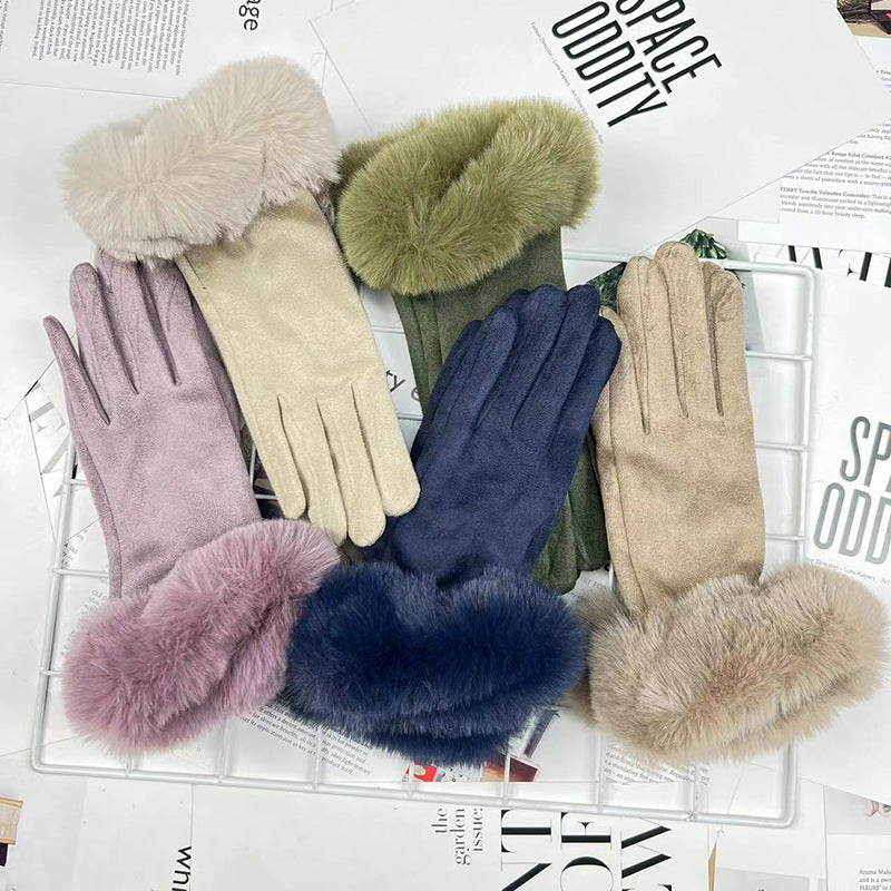 Warm Women's Fur Mouth Winter Riding Fleece-lined Finger Gloves Battery Car Thickened