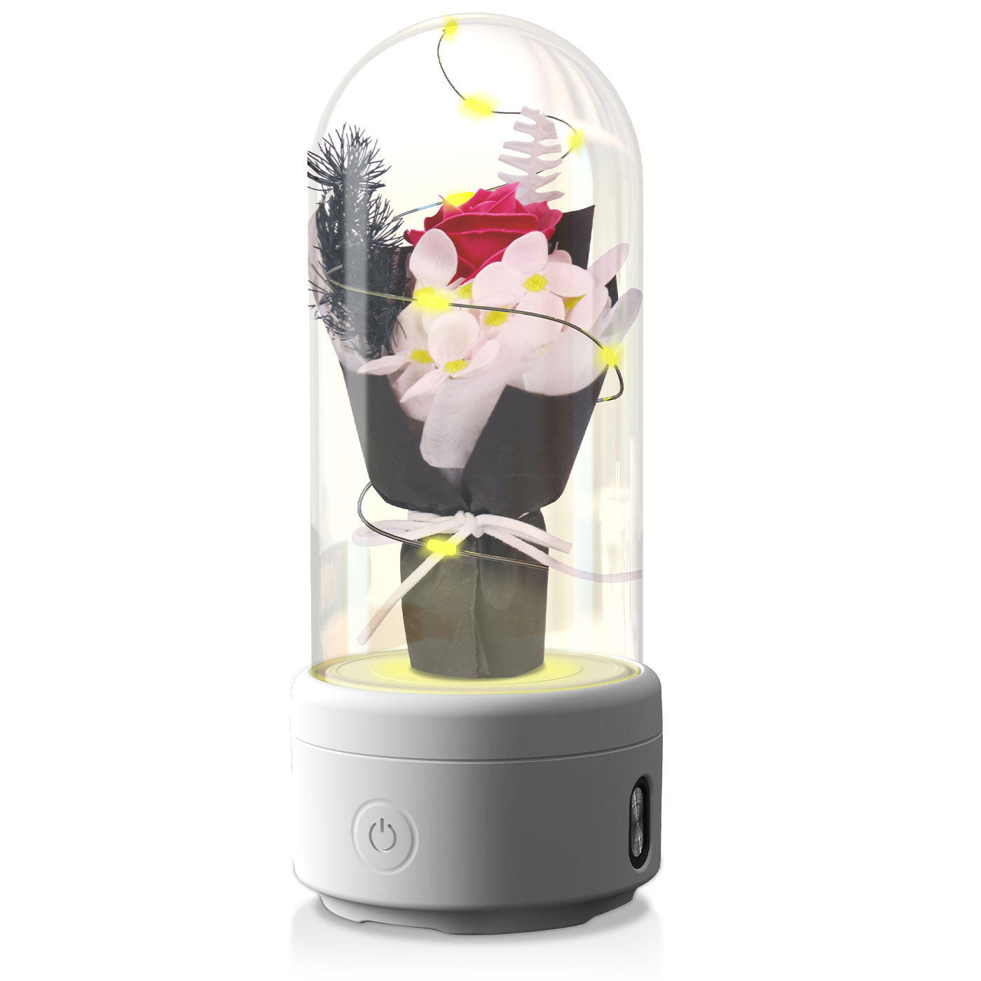 Kreatives 2-in-1-Blumenstrauß-LED-Licht und Bluetooth-Lautsprecher Muttertagsgeschenk Rose leuchtendes Nachtlicht-Ornament in Glasabdeckung