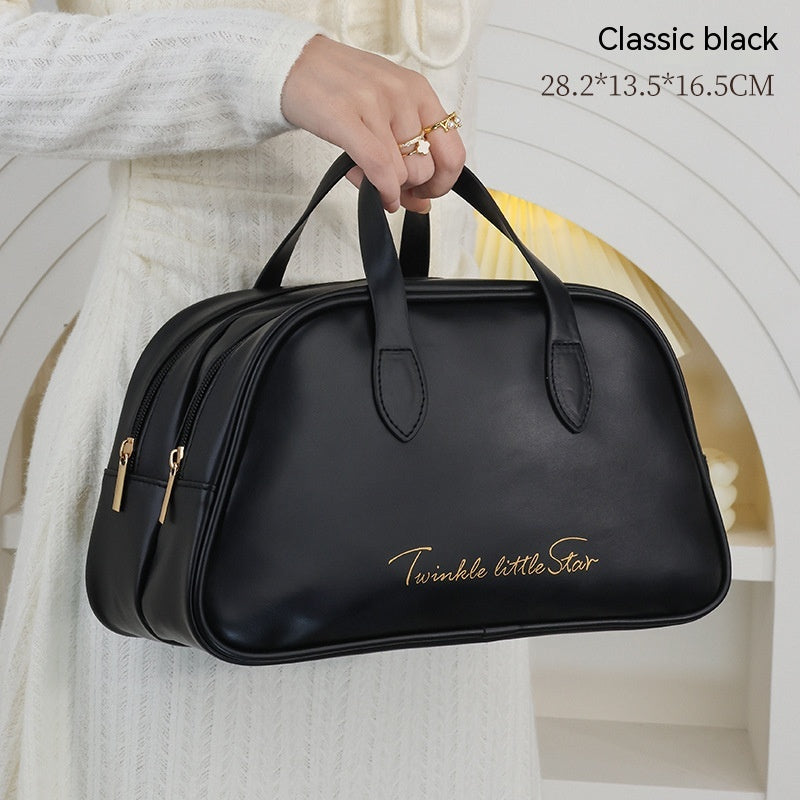 LuxeAura: The Leather Large Capacity Travel Toiletry Bag, a luxurious and spacious accessory for your travel essentials.