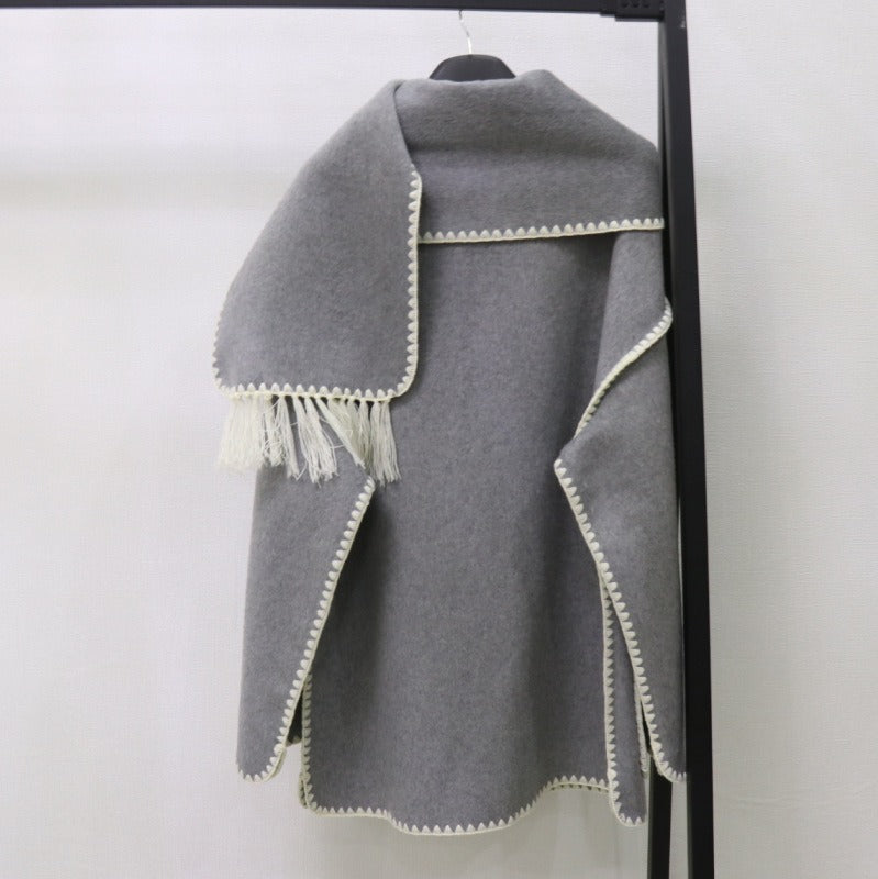 Embroidered Tassel Woven Scarf Knitted Loose Woolen Coat Women